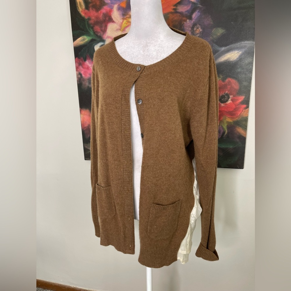 Maille Clu Carmel Cashmere Button Front Cardigan Silk Embroidered Ruffle Back L